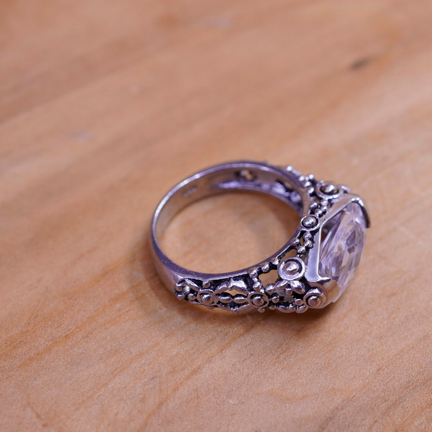 Size 7, vintage Sterling silver handmade ring, 925 filigree band with cz