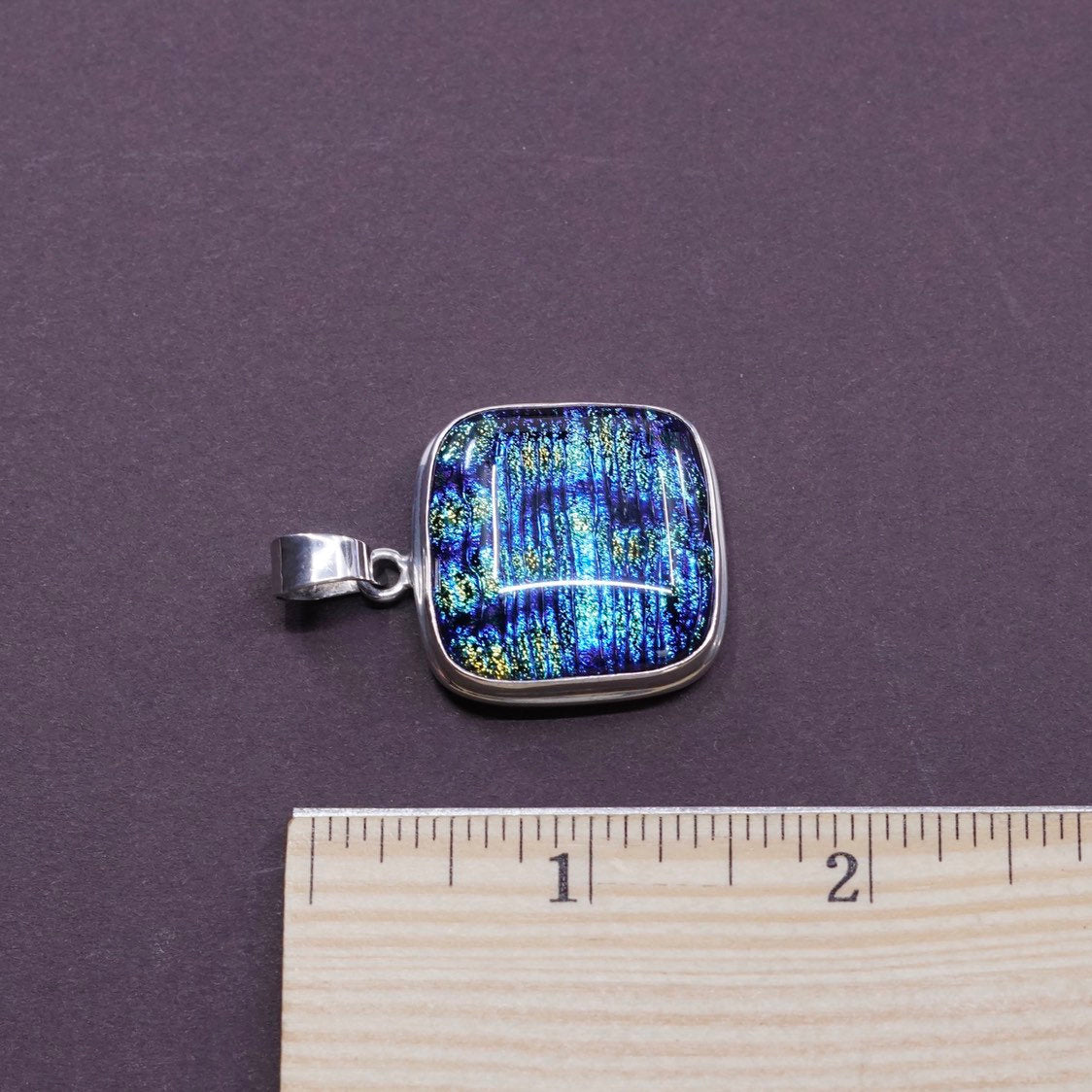 vtg Sterling silver handmade pendant, 925 with blue foil glass, unique