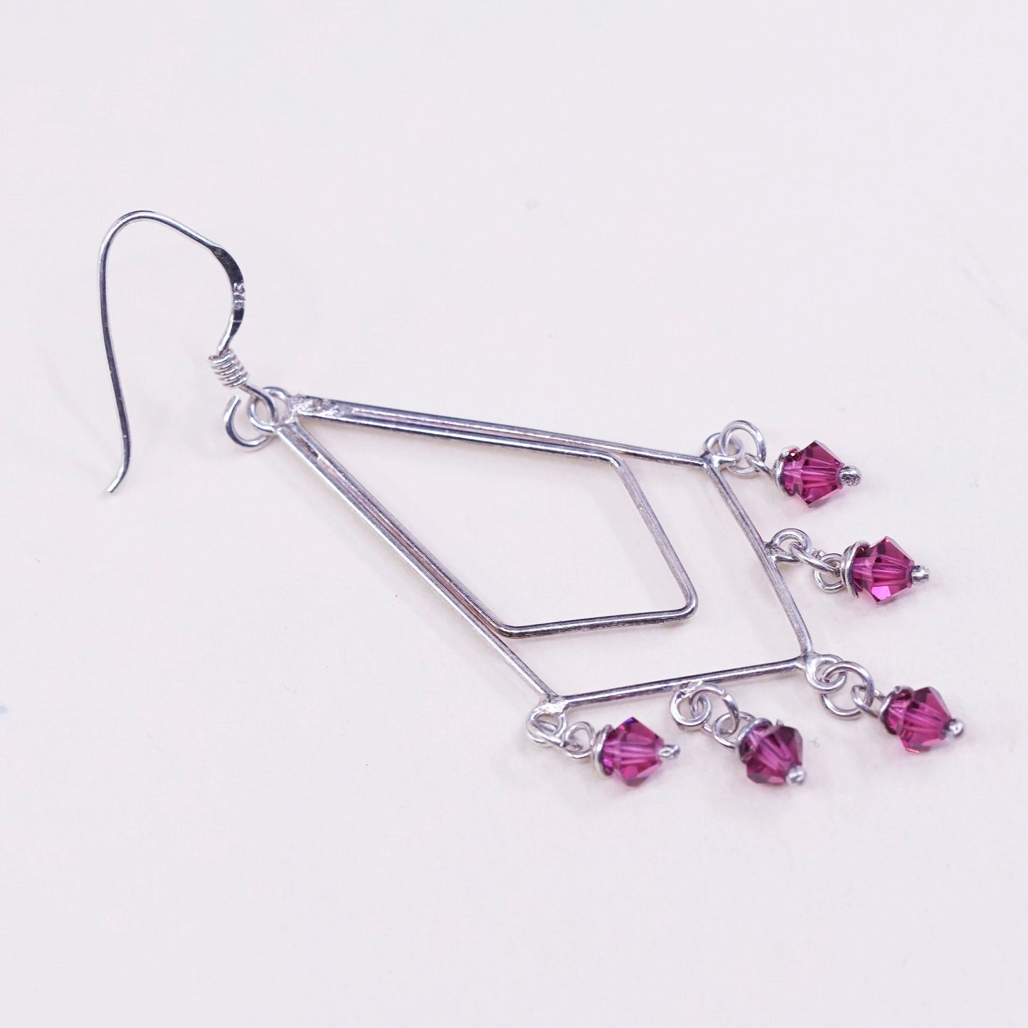 Vintage sterling silver handmade earrings, 925 w/ red cluster crystal dangles