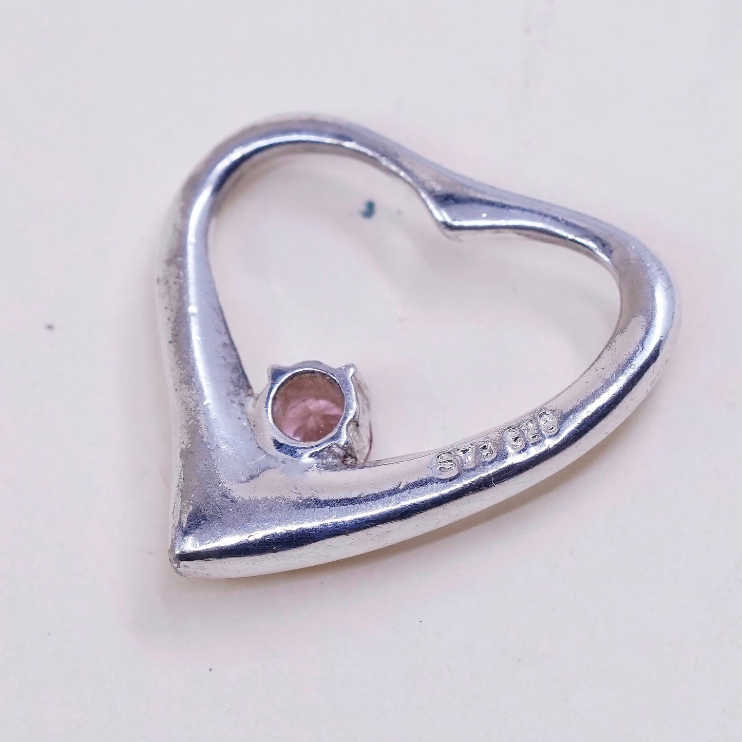 Vintage sterling silver pendant, heart 925 silver charm with pink crystal