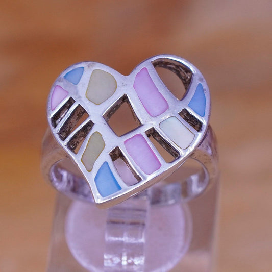 Size 8, vintage Sterling 925 silver handmade ring w/ pink blue mother of pearl
