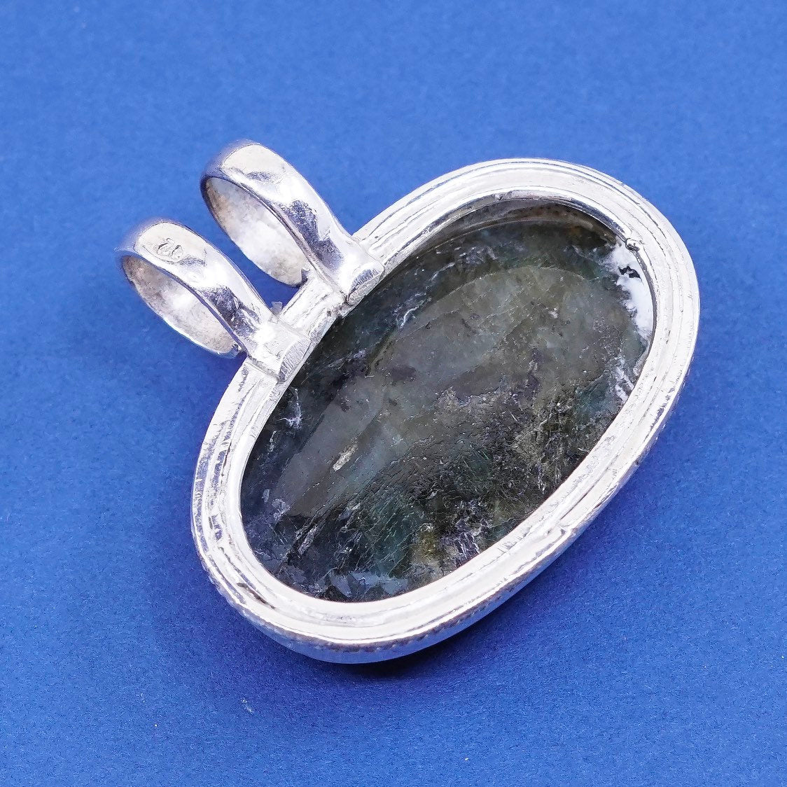 vtg Sterling silver handmade pendant, 925 oval labradorite N cable