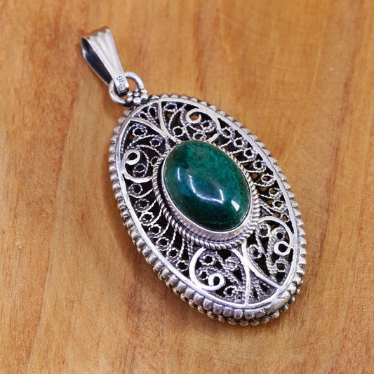 Vintage Sterling silver handmade pendant, 925 filigree with oval turquoise