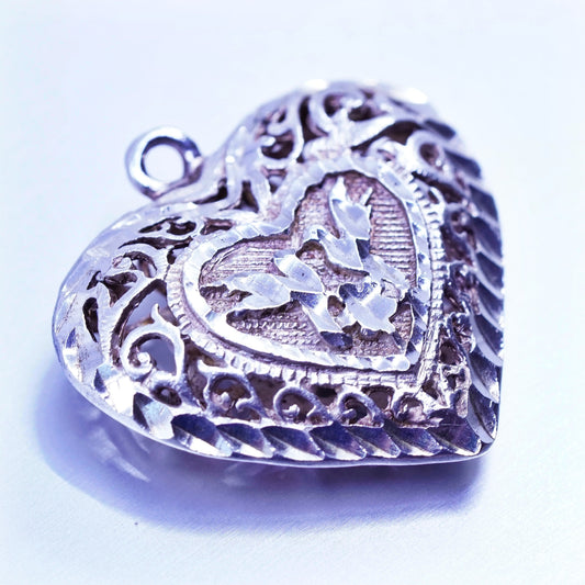 antique sterling 925 silver filigree puffy heart pendant charm