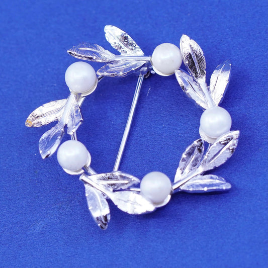 Vintage Sterling silver handmade brooch, 925 leaves circle with pearl