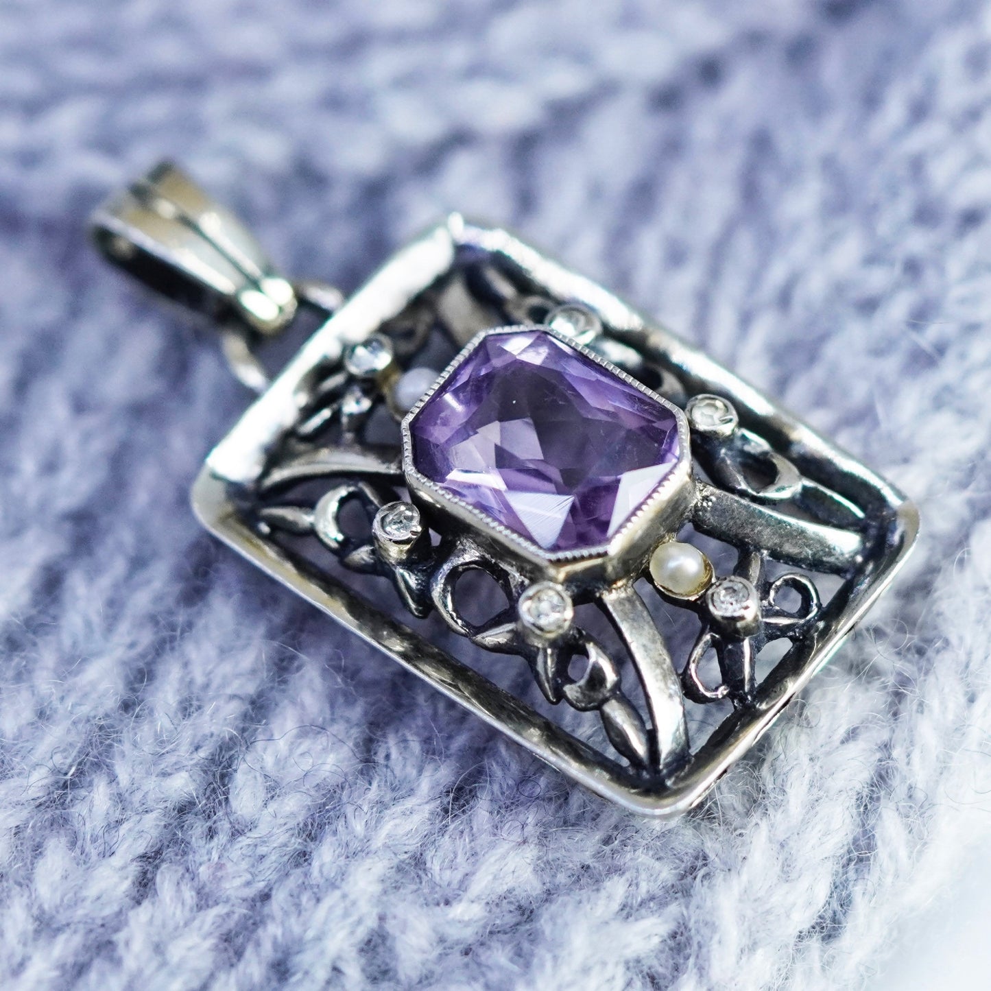 Vintage sterling 925 silver handmade filigree pendant with amethyst and crystal