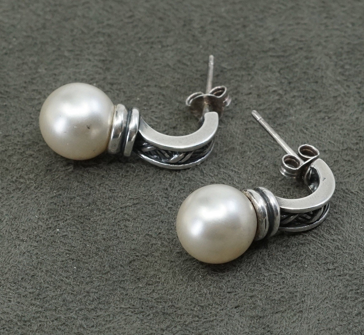 vtg Sterling silver handmade earrings, studs 925 w/ faux pearl N woven texture