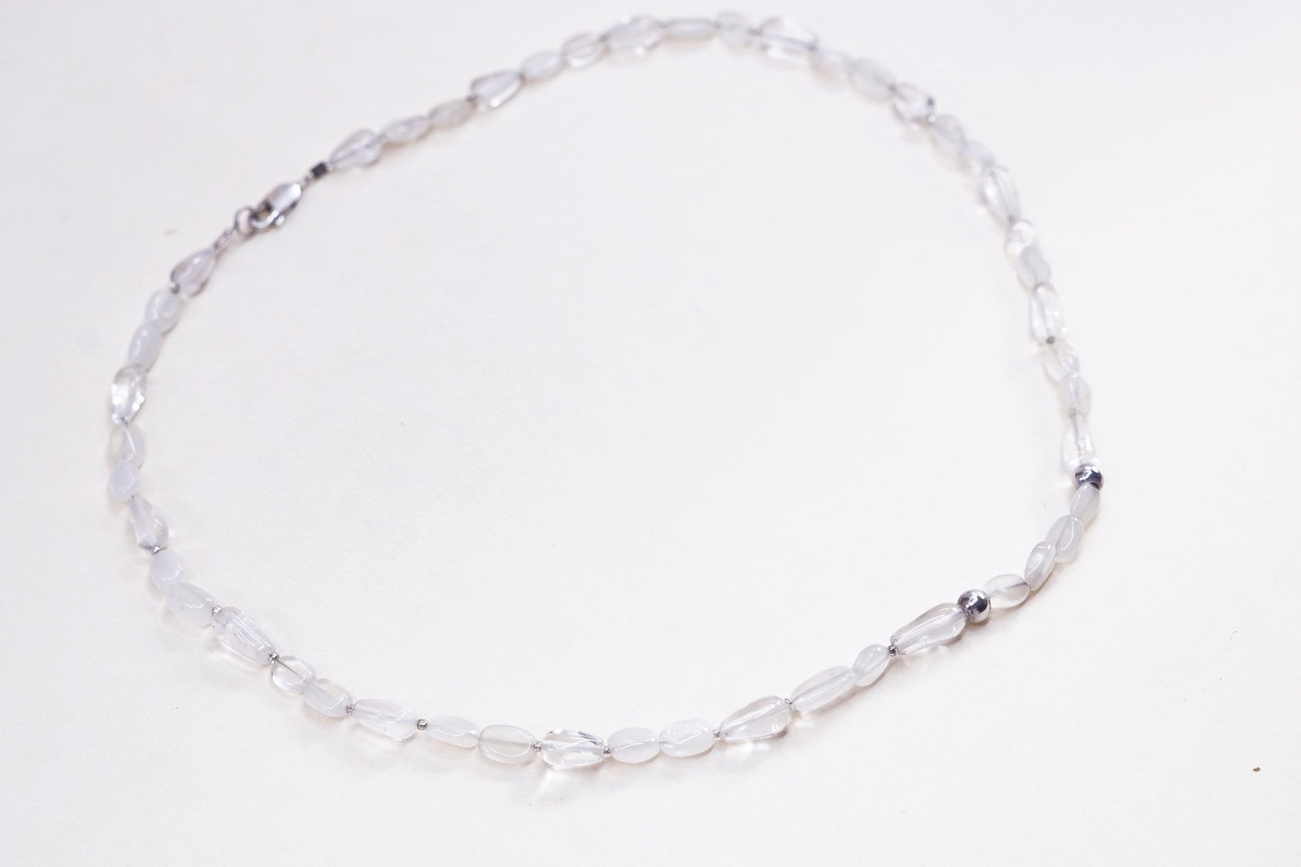 18”, handmade clear crystal beads necklace w sterling 925 silver toggle closure