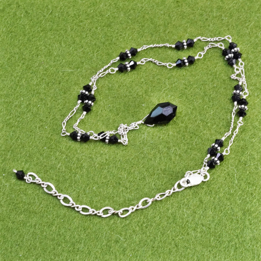 16+3”, sweater Sterling silver necklace, 925 figaro chain with obsidian beads