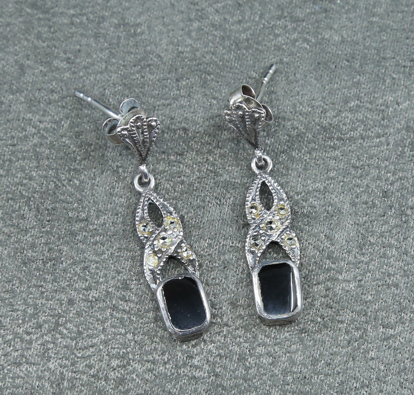 vtg Sterling silver handmade earrings, Mexico 925 studs w/ obsidian marcasite