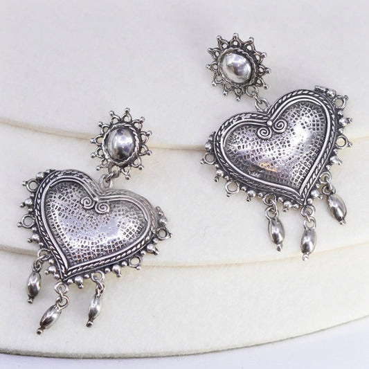 vtg GHEAUI Mexican Sterling 925 silver handmade textured heart earrings dangles