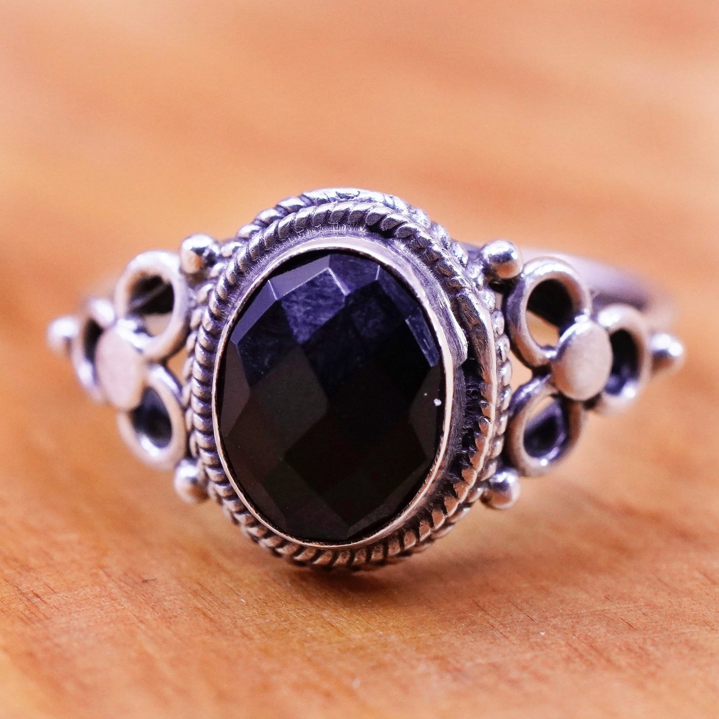 Size 6.75, vintage Sterling 925 silver handmade ring with obsidian and beads