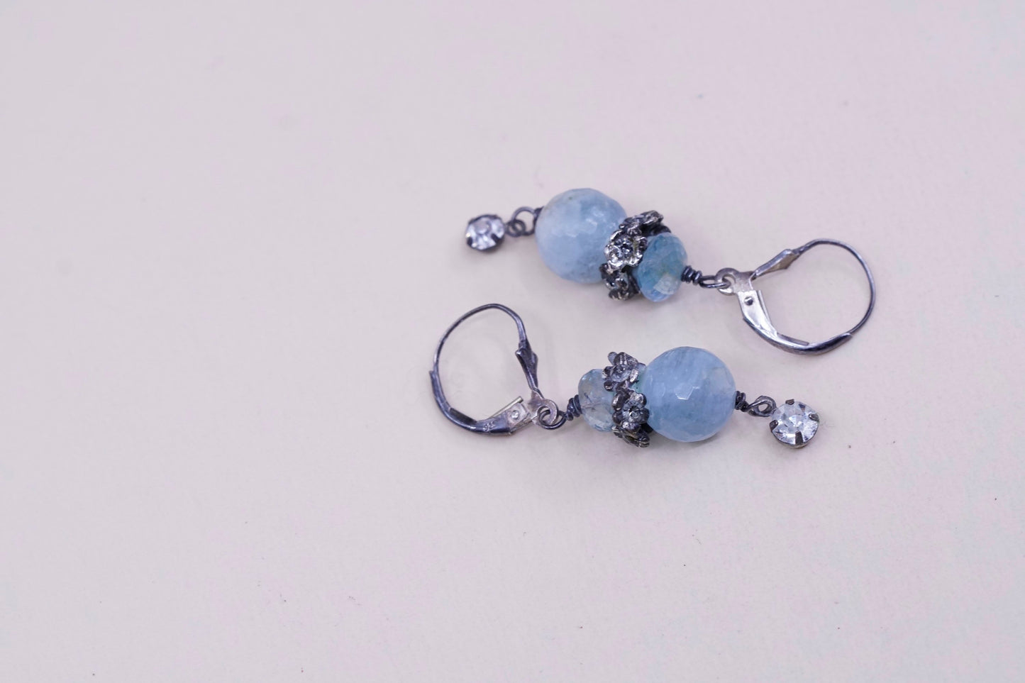 Vintage Sterling 925 silver handmade earrings with blue crystal dangles