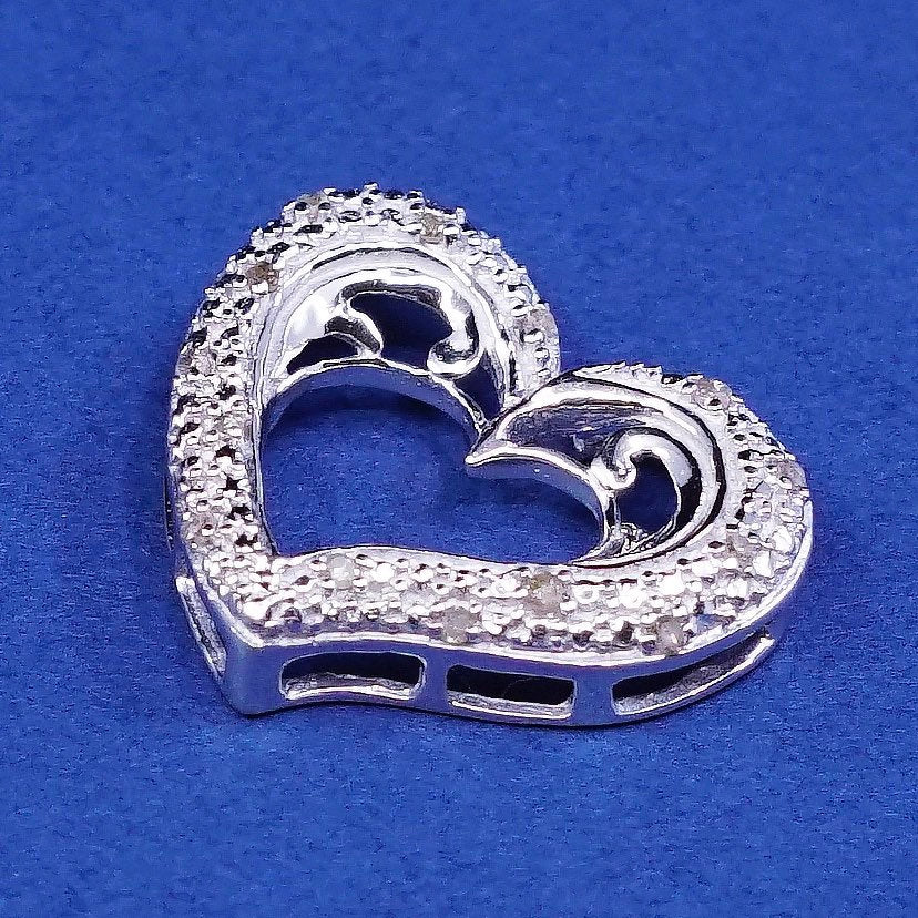 vtg Sterling silver handmade pendant, 925 heart w/ genuine diamond