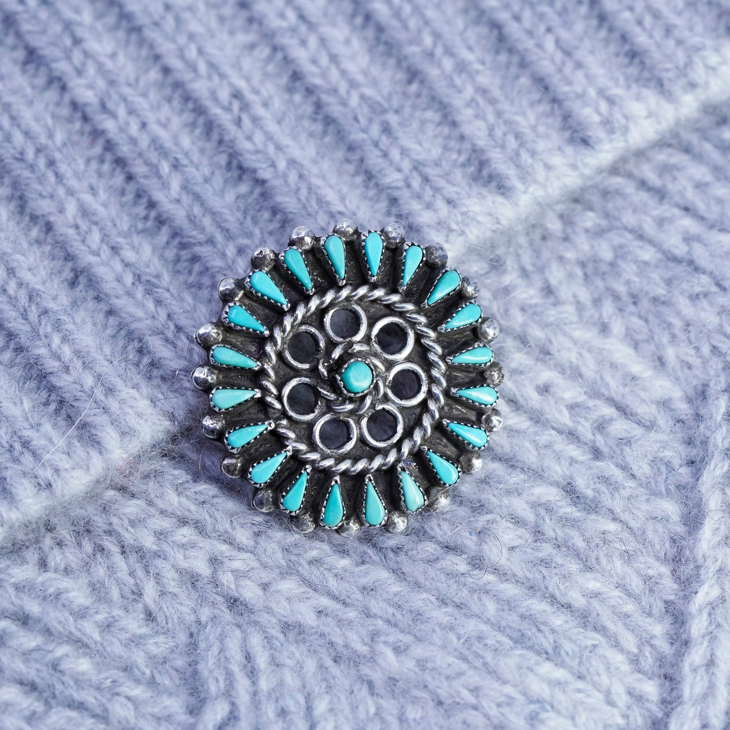 Native American Sterling 925 silver handmade flower pendant brooch turquoise