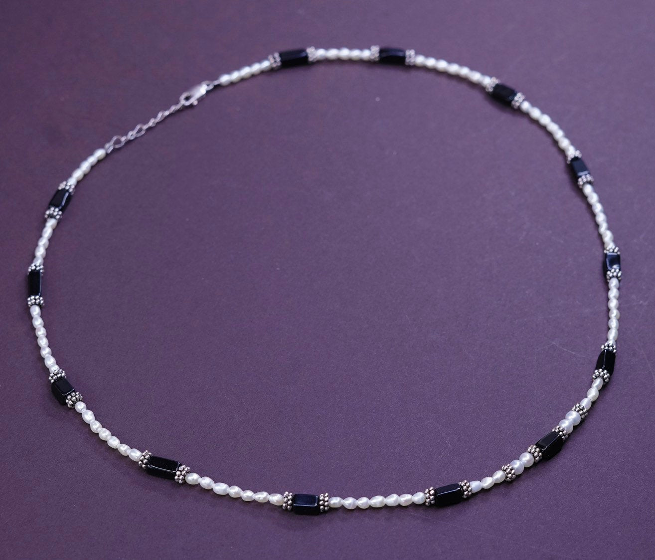 21+1, freshwater pearl N obsidian beads necklace, 925 sterling silver clasp