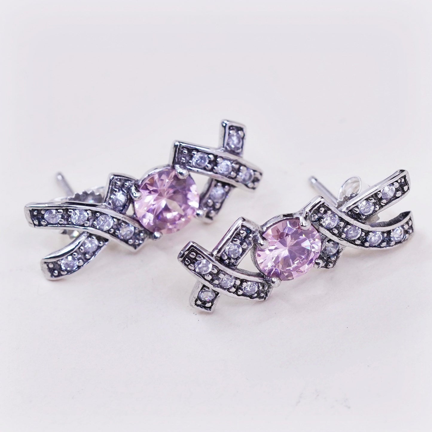 Vintage sterling silver handmade earrings, 925 XOX studs with and pink Cz