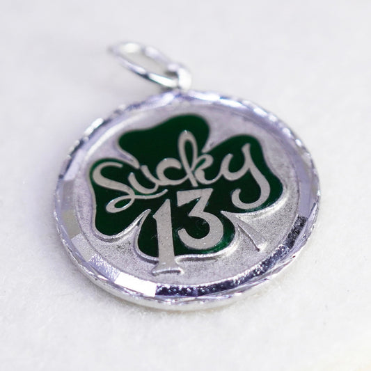 Vintage Sterling 925 silver green enamel lucky four leaves clover charm pendant