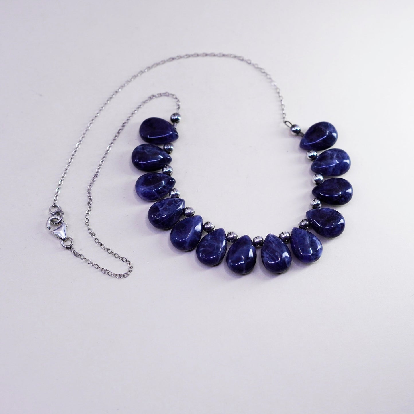 16”, sterling silver 925 necklace, circle chain with teardrop sodalite pendant