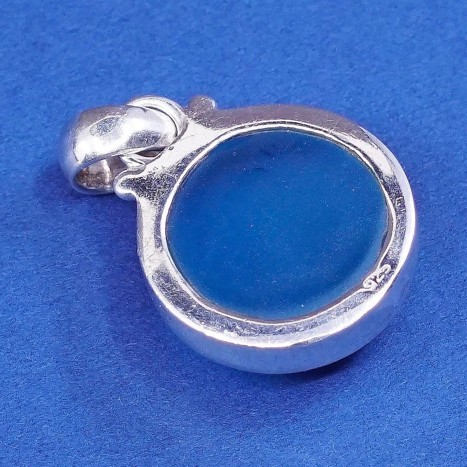 vtg sterling silver handmade pendant, 925 w/ blue Matt glass