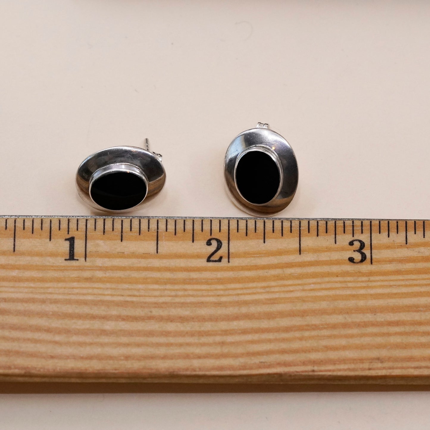 Vintage Sterling silver handmade earrings, Mexico 925 oval studs with onyx