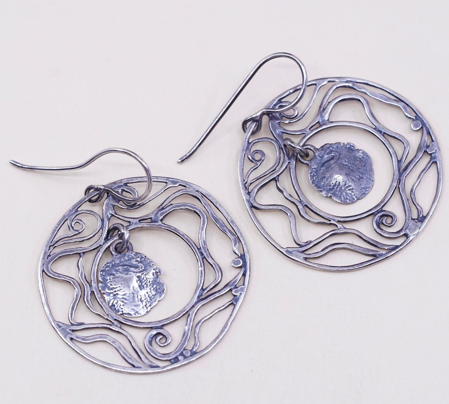 Vintage Sterling silver handmade earrings, 925 filigree circle dangles