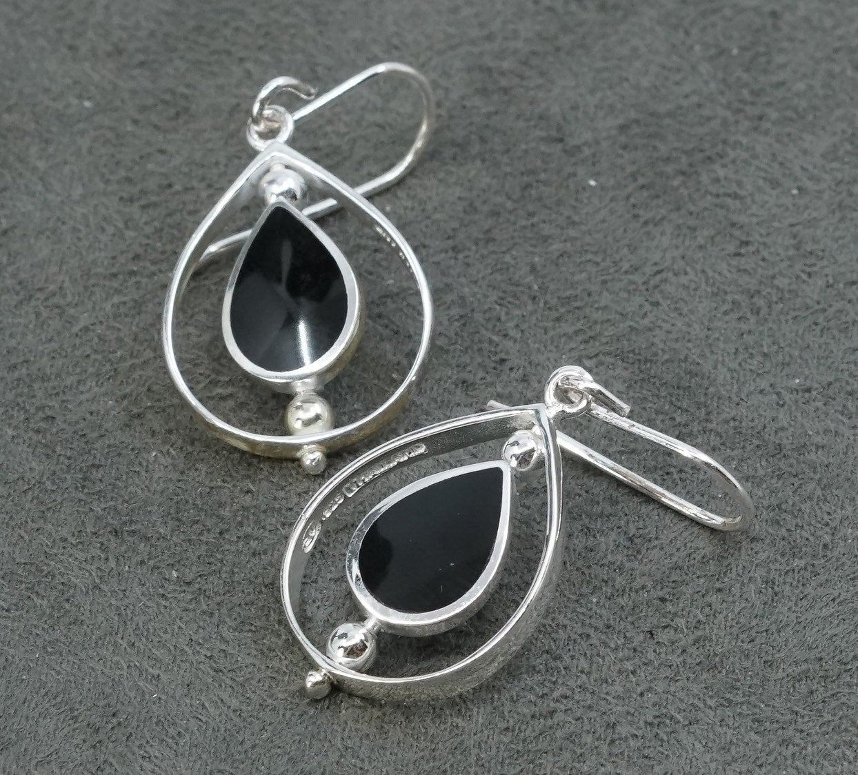 vtg Sterling silver handmade earrings, 925 w/ teardrop obsidian