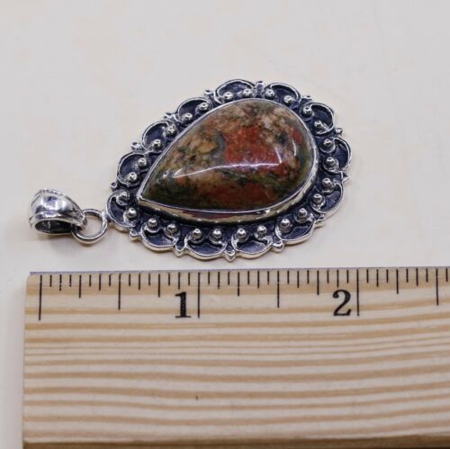 Vtg Sterling Silver Handmade Teardrop Jasper Pendant, 925 Pendant W/ Beads Bali