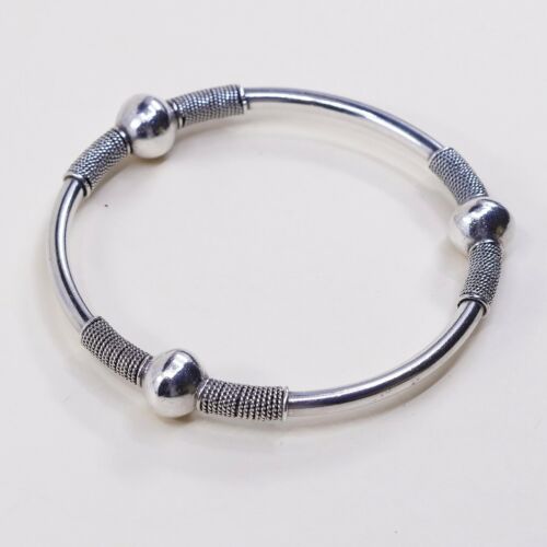 7.75”, Estate Vtg Mexico 925 Sterling Silver Handmade Bangle Bracelet W/ Beads