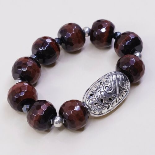 6.5”, Vtg Sterling 925 Silver Handmade Bracelet, Huge Golden Tiger’s Eye beads