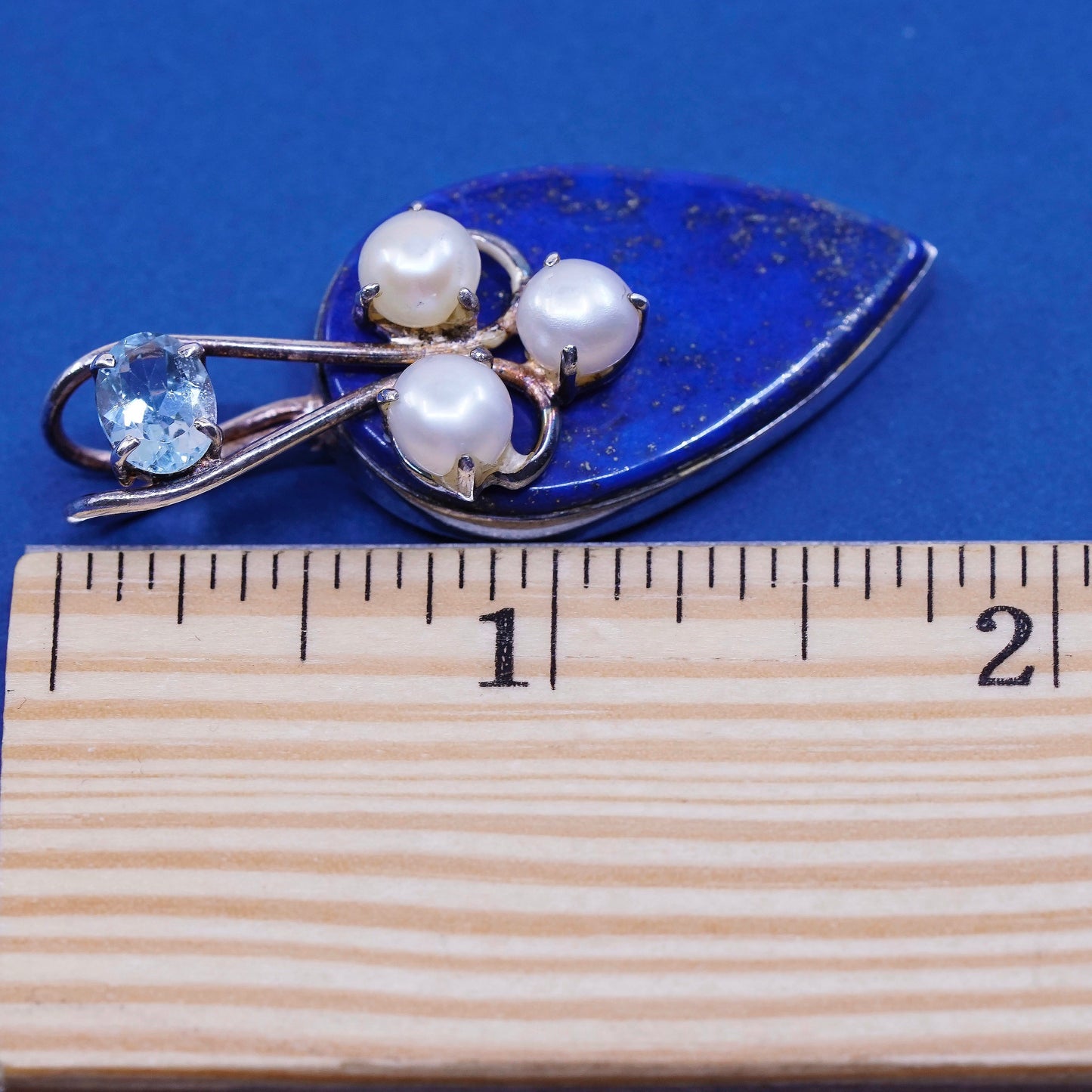 vtg sterling silver handmade pendant 925 w/ teardrop lapis lazuli pearl N topaz