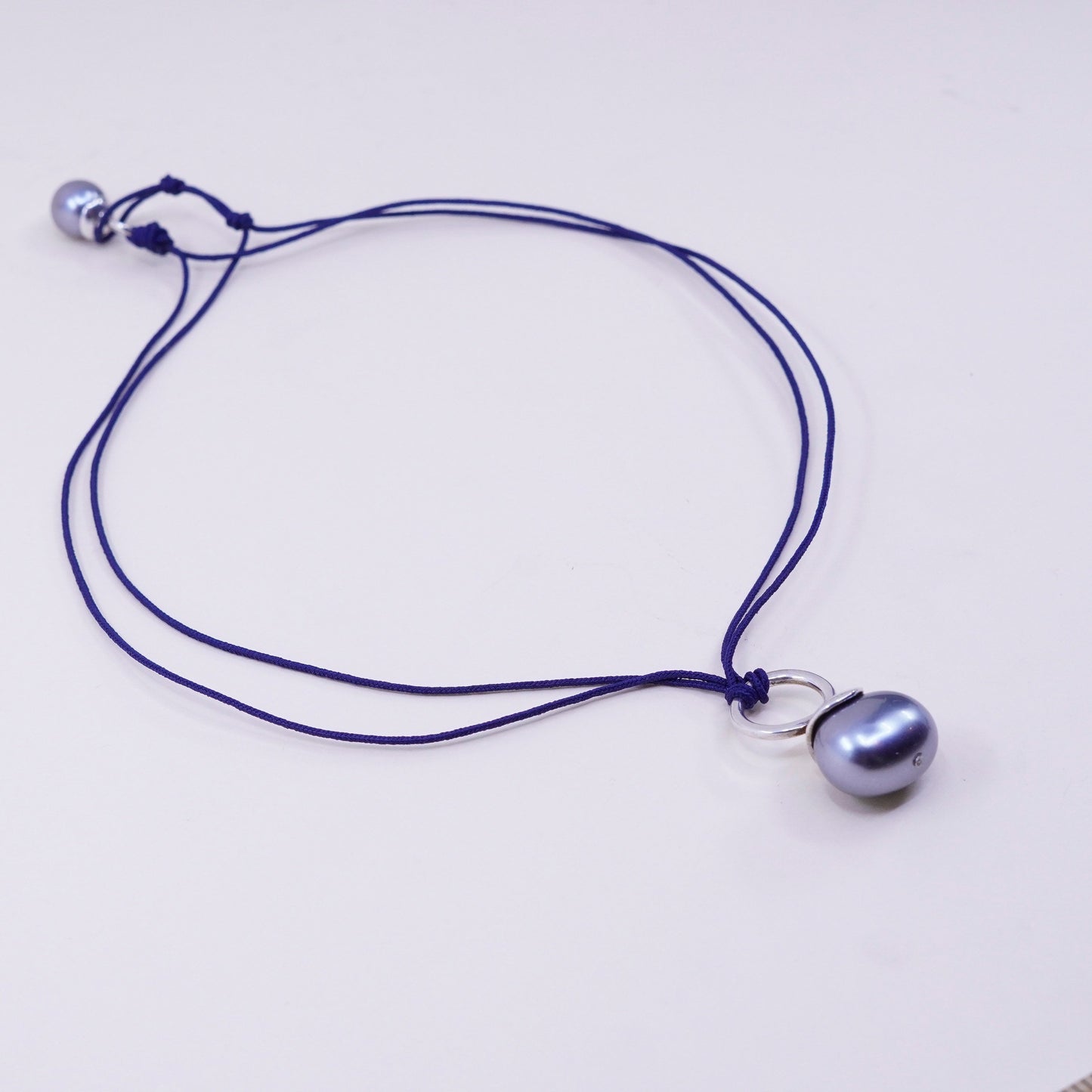 18”, blue Linen necklace W/ black pearl pendant and Sterling 925 Silver Clasp