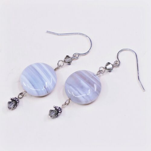 vtg sterling silver handmade earrings, 925 hooks w/ purple lace agate N Crystal