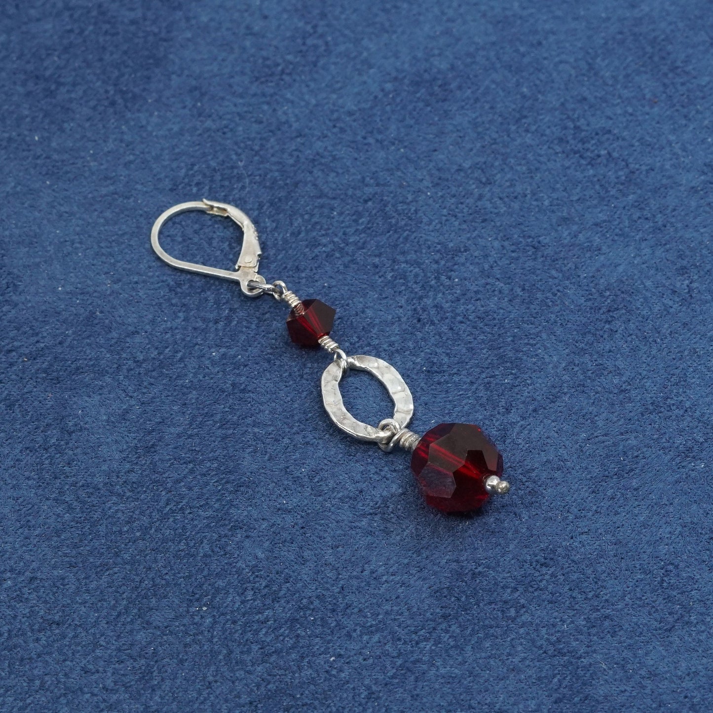 vtg Sterling silver handmade earrings, 925 circle w/ red crystal bead dangles