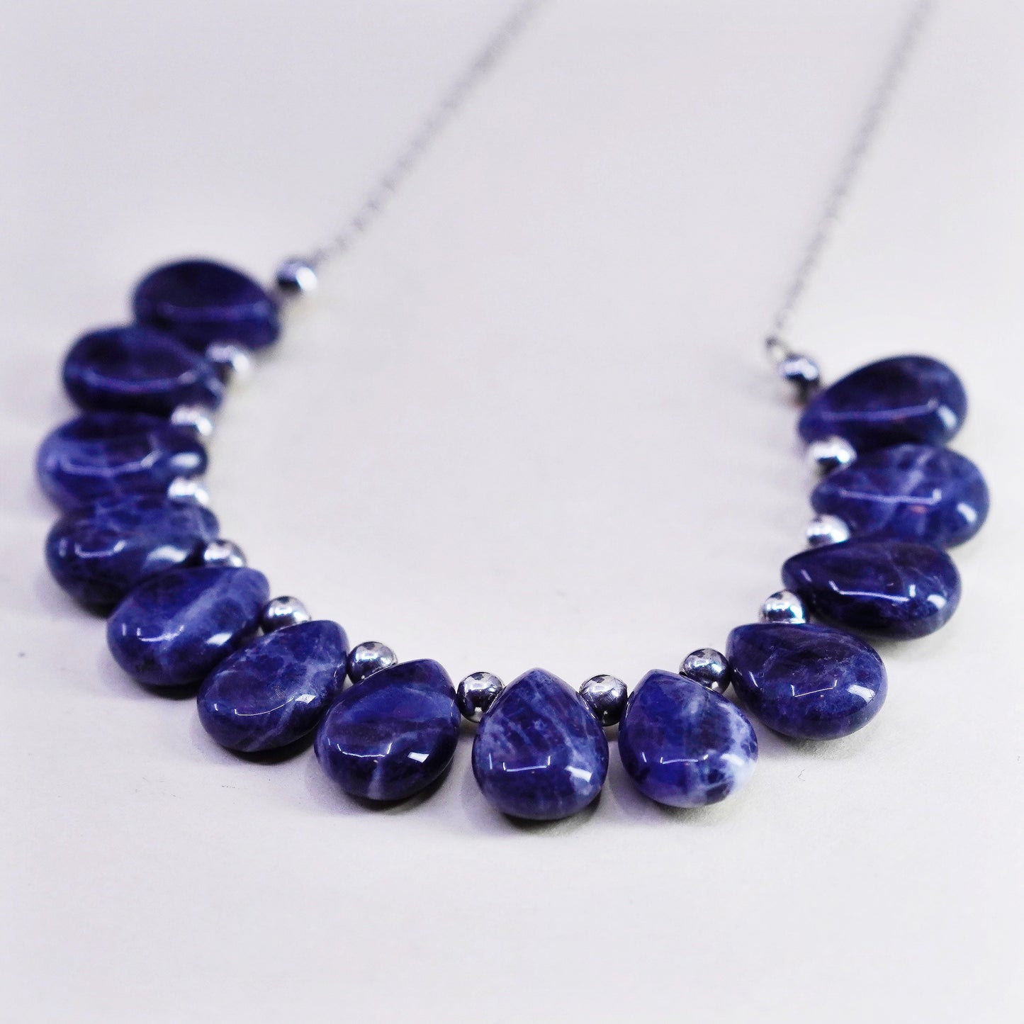 16”, sterling silver 925 necklace, circle chain with teardrop sodalite pendant