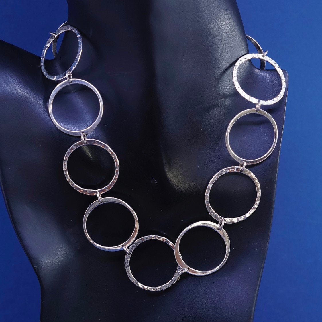 16”,vtg sterling silver handmade necklace, 925 Hammered textured circle chain