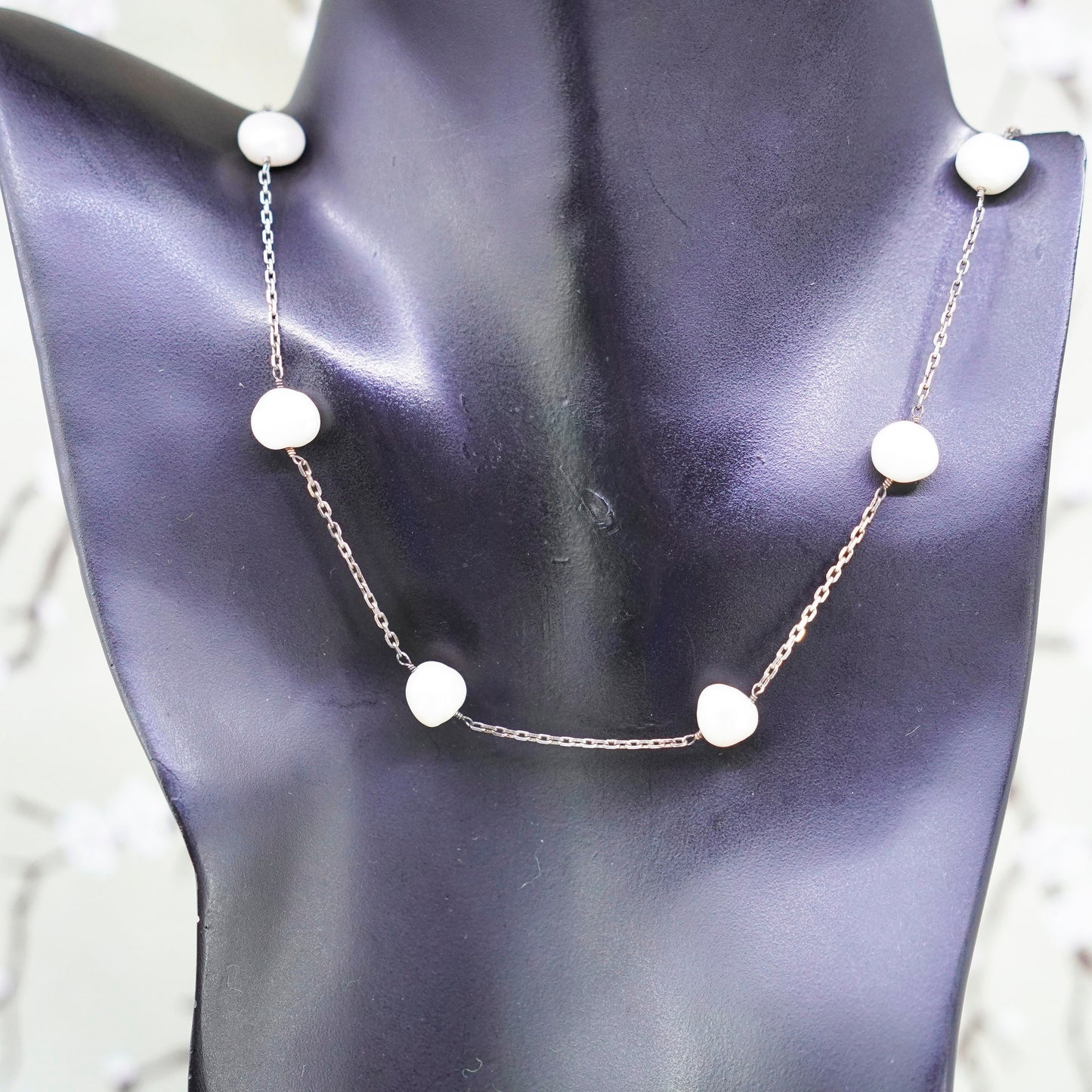 18”, vtg sterling 925 silver handmade necklace, circle chain with pearl beads