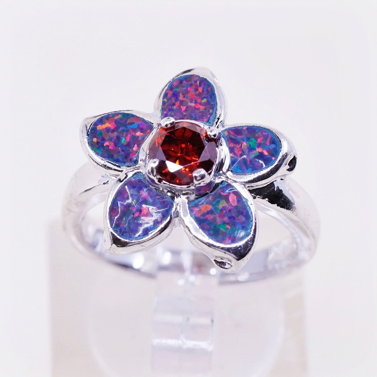sz 6, Sterling 925 silver handmade flower ring w/ fire opal and ruby