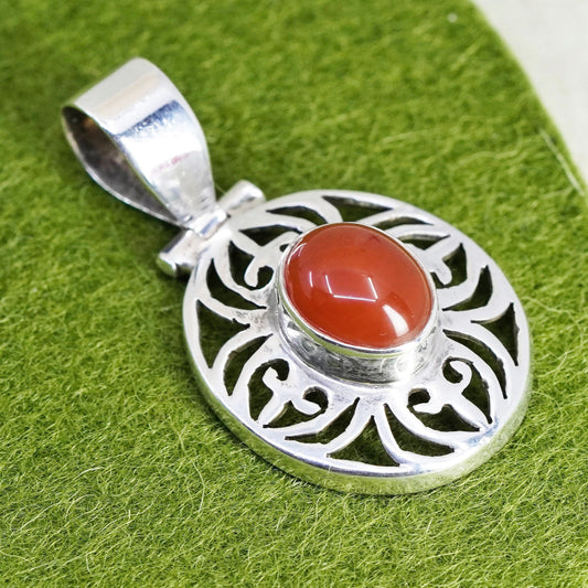 Vintage sterling silver handmade pendant, 925 filigree oval with carnelian