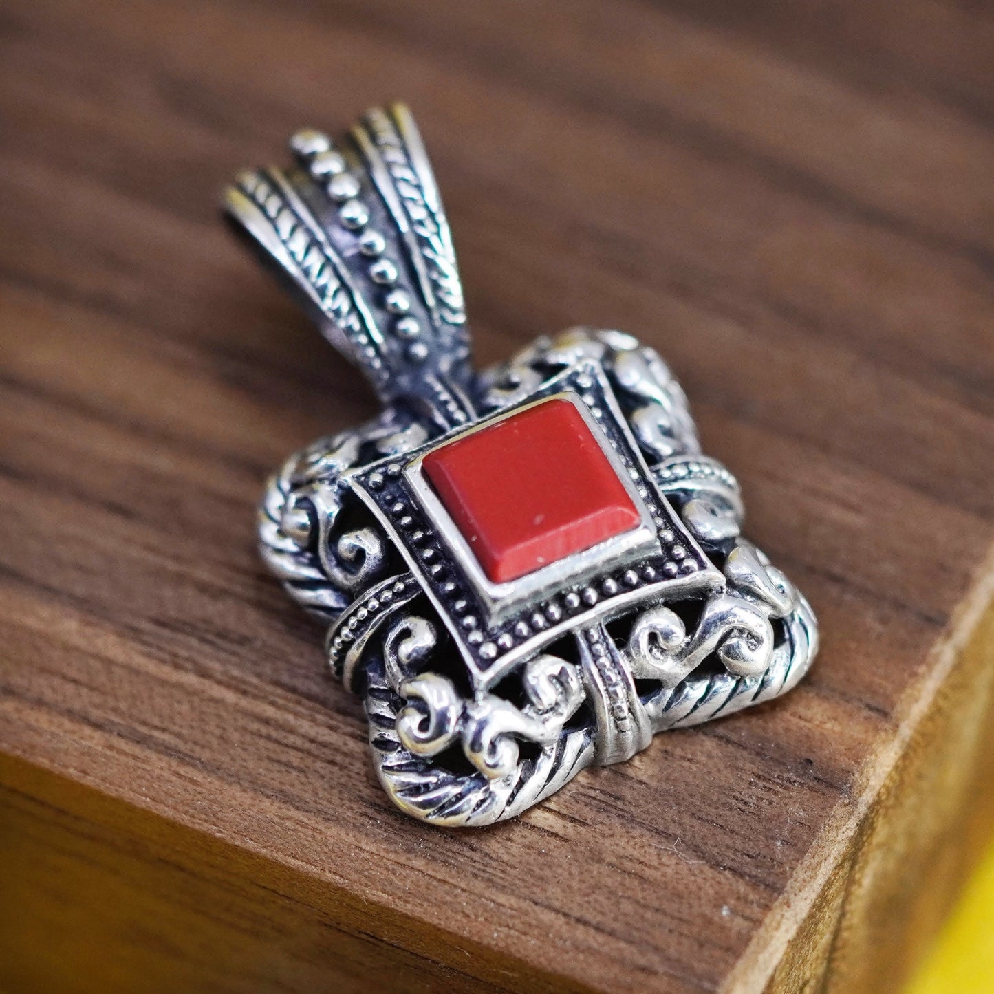 Vintage Sterling 925 silver handmade square Bali pendant with red onyx