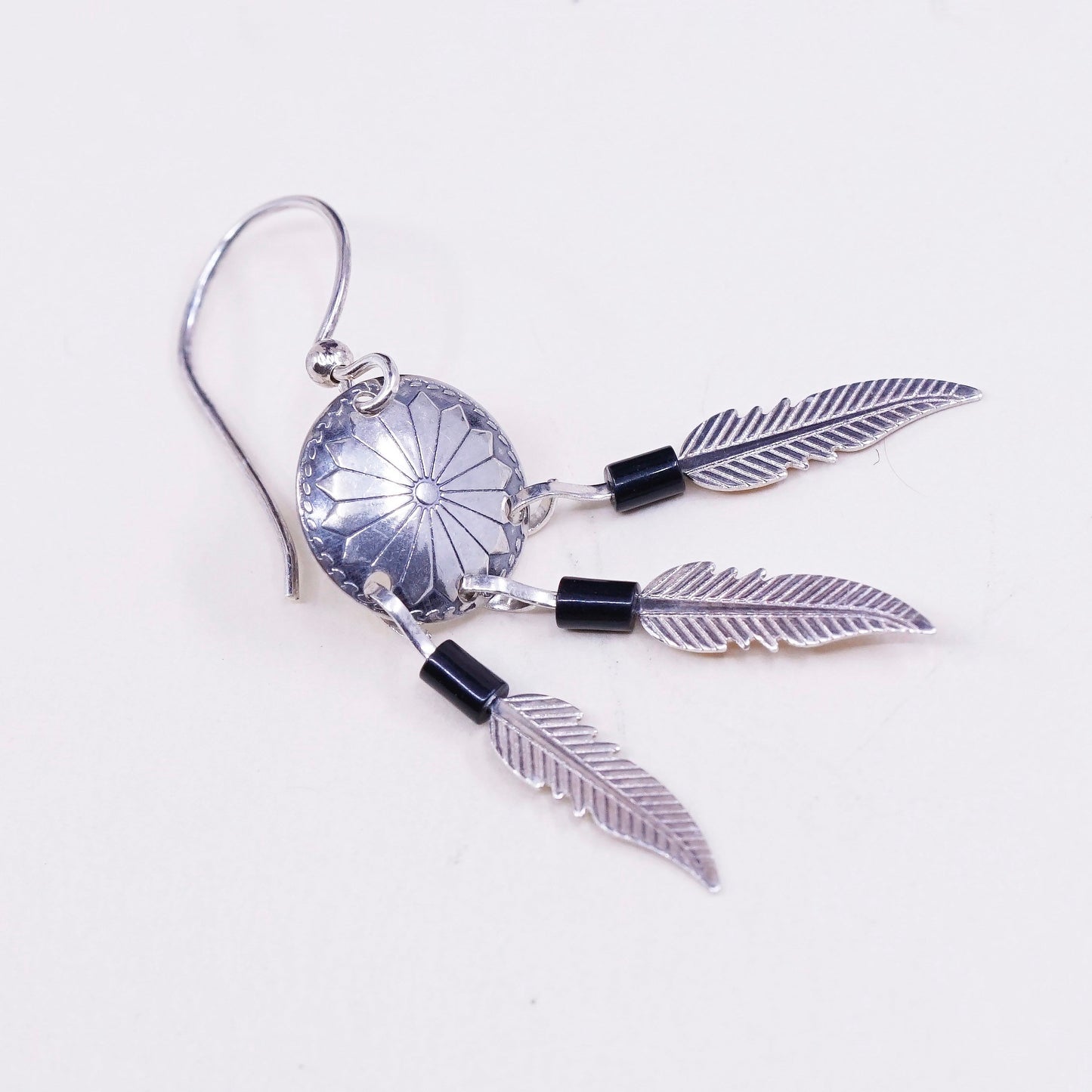 vtg USA Sterling silver handmade earrings, navajo 925 disc w/ obsidian feather