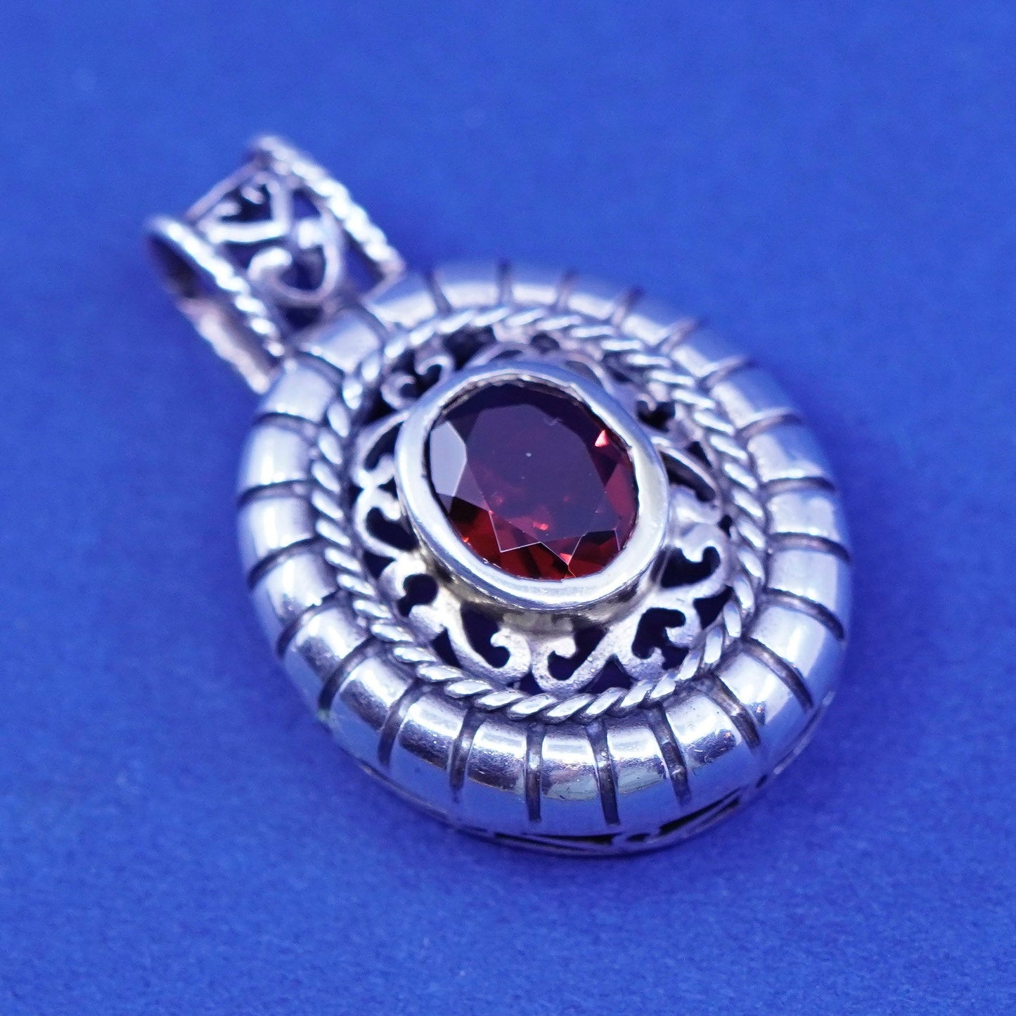 Vintage Sterling silver handmade pendant, solid 925 silver with ruby and rope