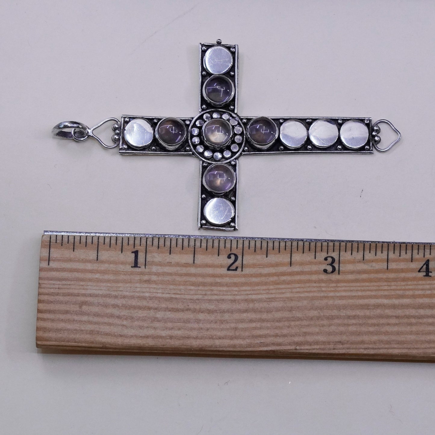 Vintage Sterling silver handmade pendant, huge 925 cross with moonstone beads