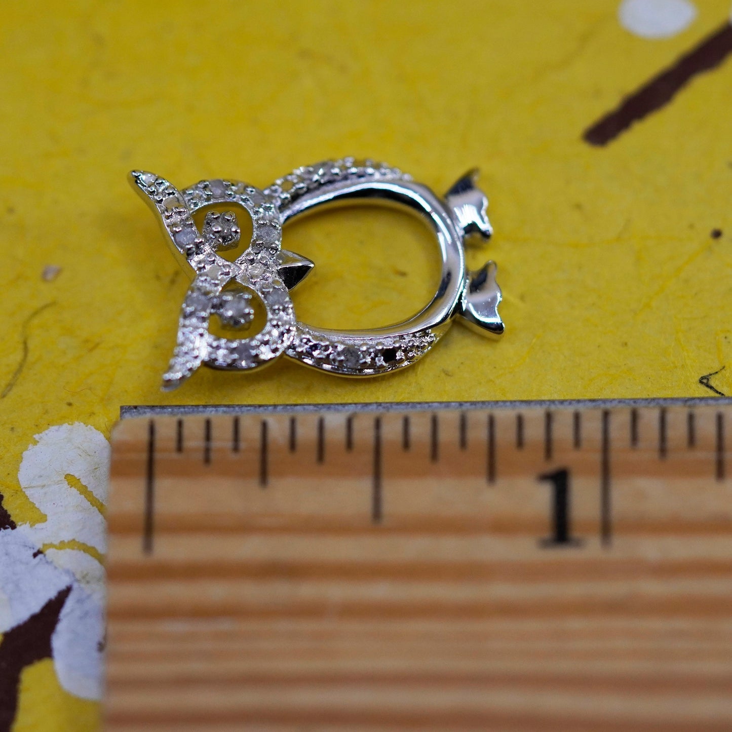 Vintage sterling silver pendant, 925 owl bird with genuine diamond