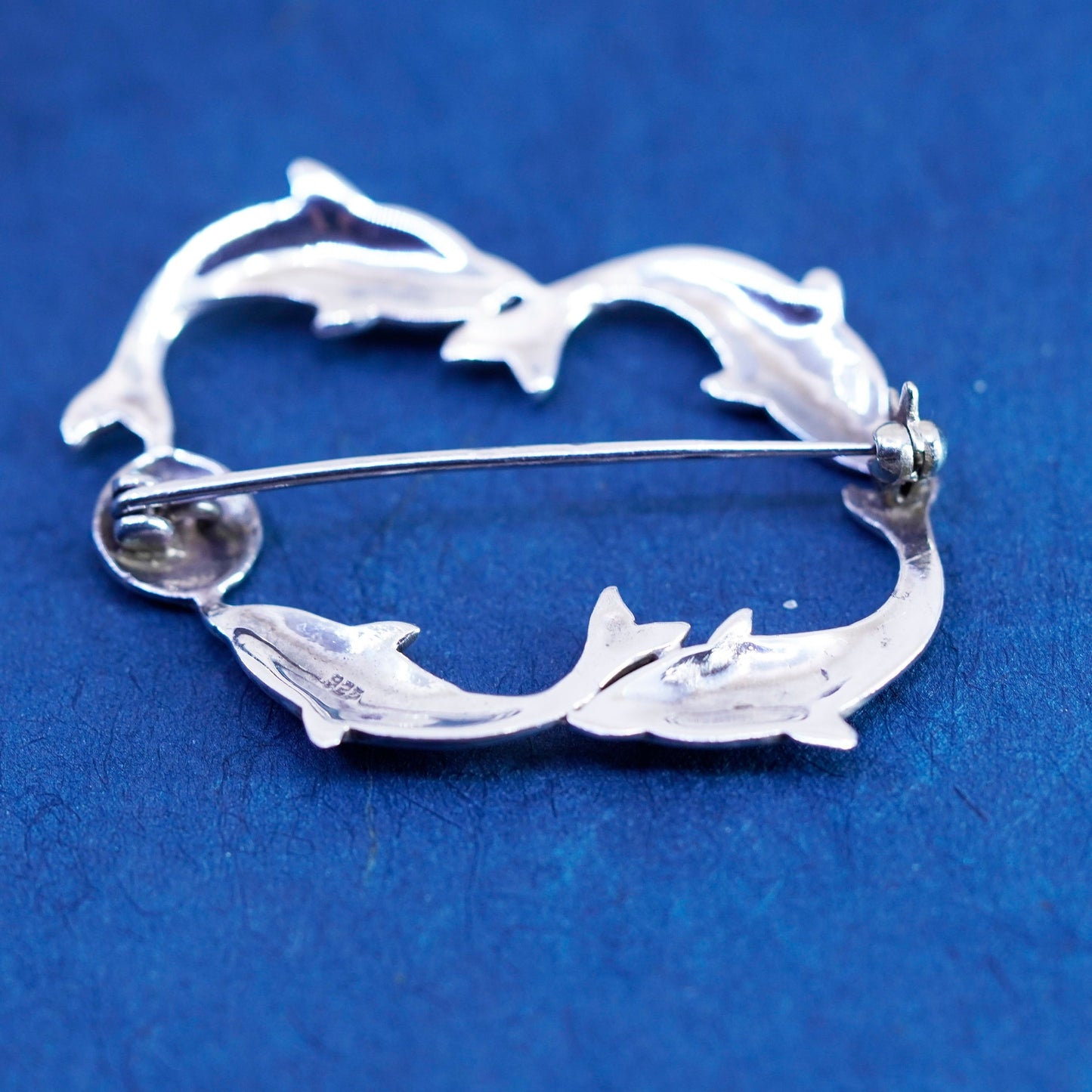 vintage Sterling 925 silver handmade brooch, four dolphin circle pin