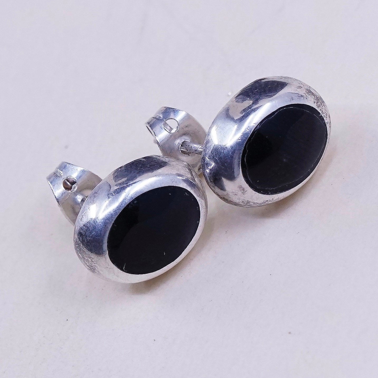 VTG Sterling silver handmade earrings, Mexico 925 stud w/ oval obsidian