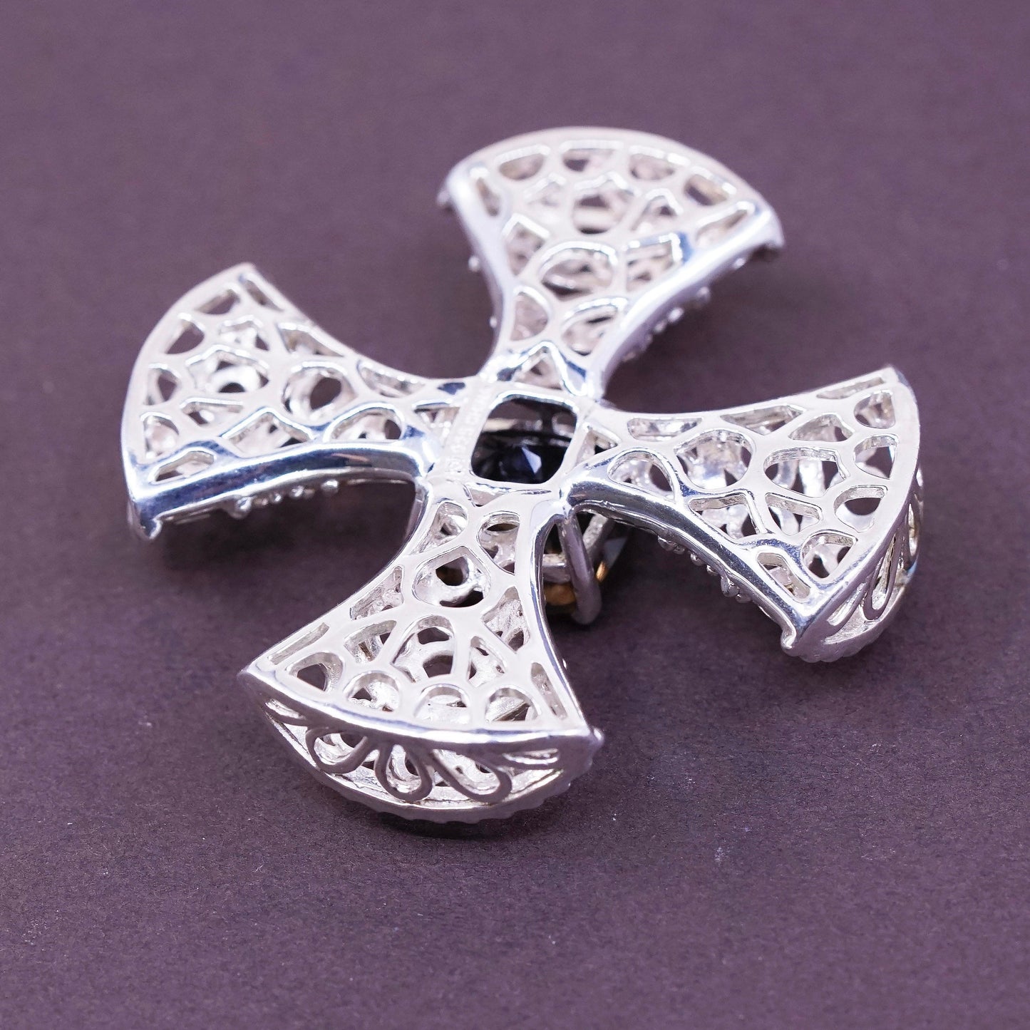 vtg Sterling silver pendant, 925 Jerusalem patty cross w/ filigree smoky topaz