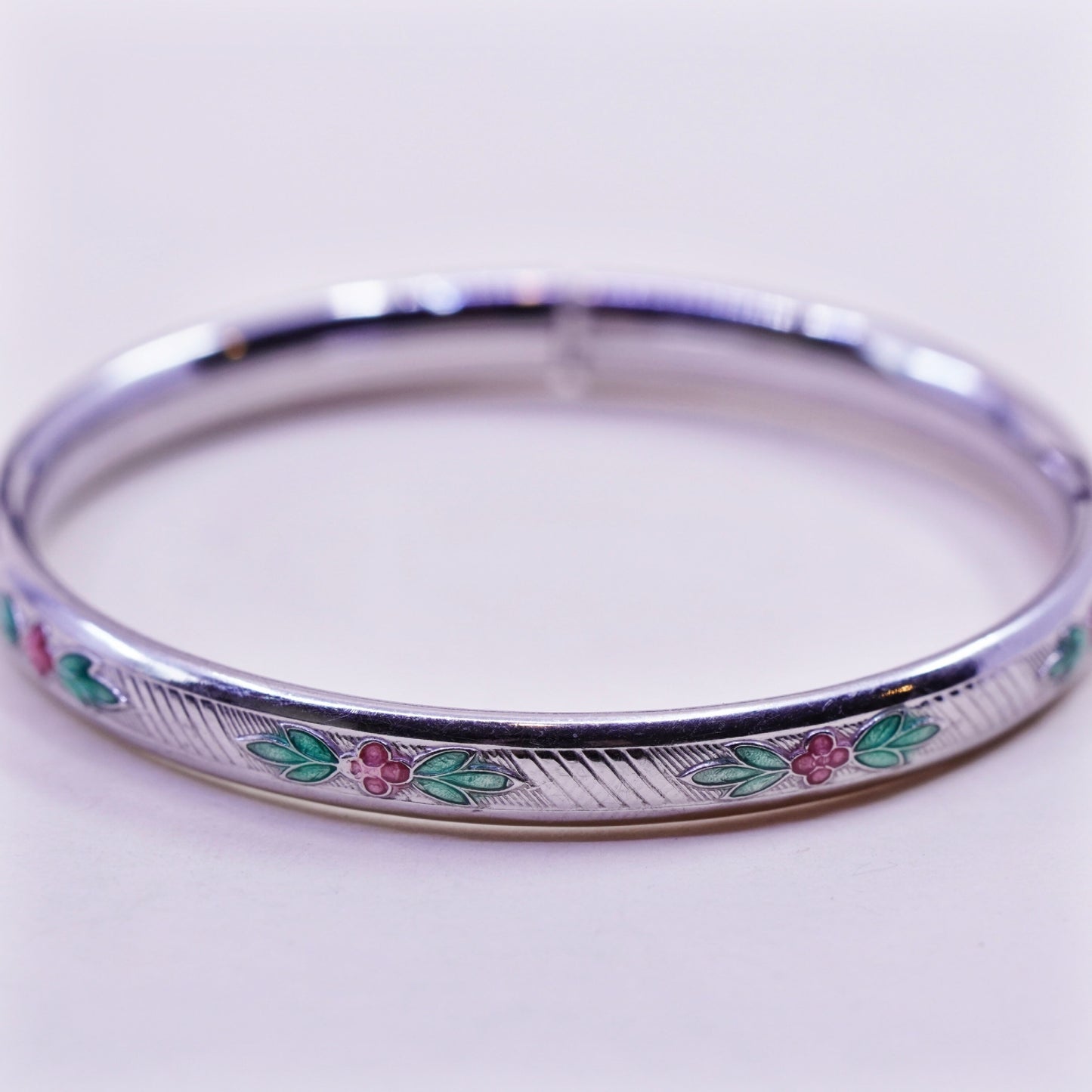Size 5.25”, Sterling silver baby bracelet, Mexico 925 bangle enamel flower