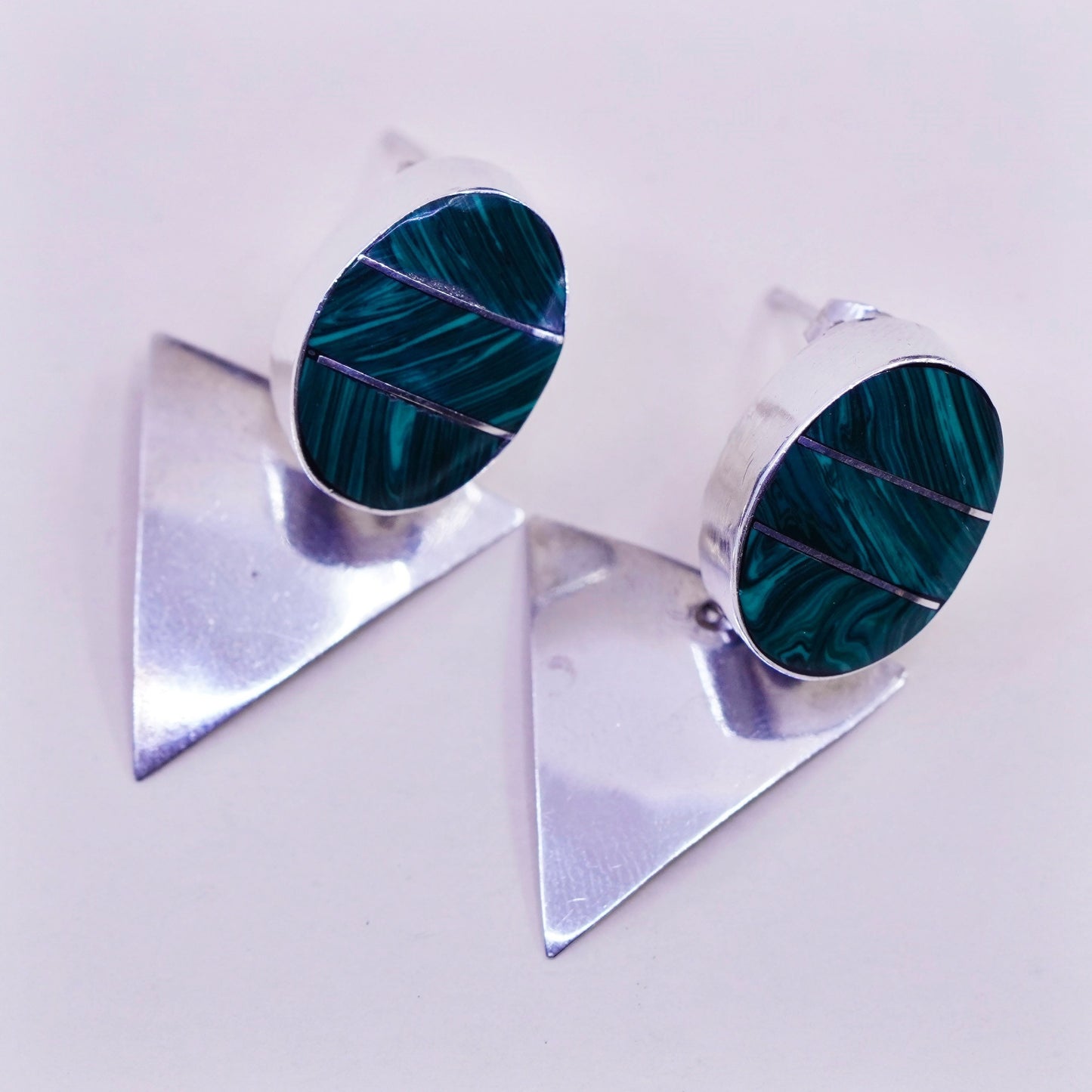 Mexico sterling 925 silver handmade earrings oval malachite triangular dangled