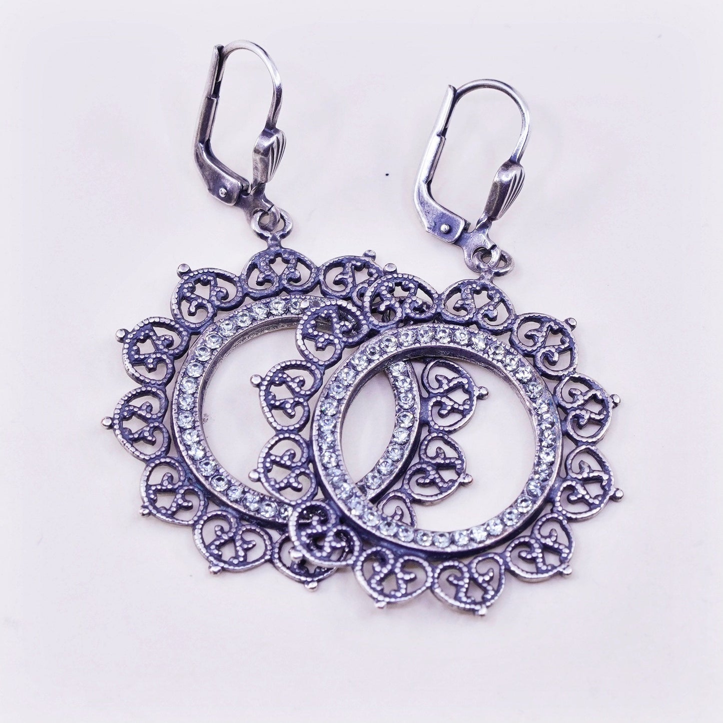 Vintage Sterling silver handmade earrings, 925 filigree circle and cz around